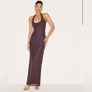 PrettyLittleThing Backless Halter Maxi Dress - Dark Brown